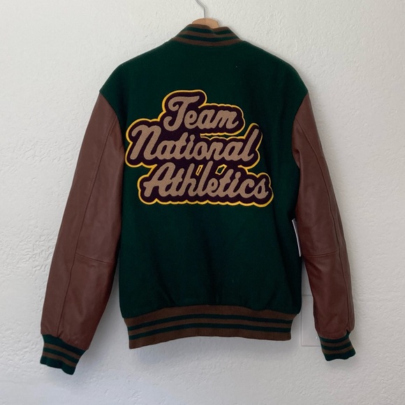 Tna Aritizia Green Varsity Bomber Jacket Genuine Leather Sleeves, Size M - Picture 4 of 8